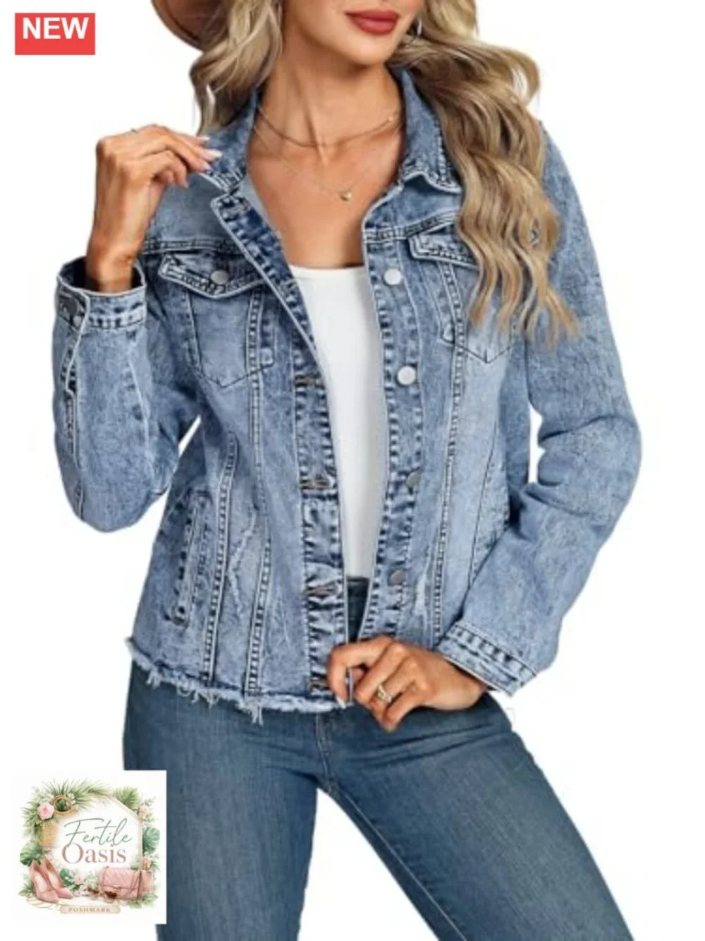 Women's Frayed Hem Denim Jacket Distressed Trucker Coat Oversized Shacket